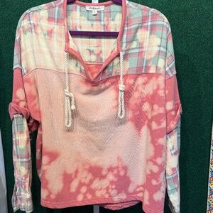 196 NWT Oli & Hali Bleached Wash Plaid Mix Sweatshirt Top